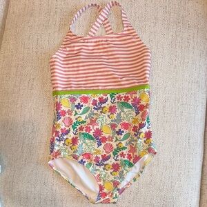 Mini Boden Girls 8-9 Colorful Striped and Floral Kids Swimsuit